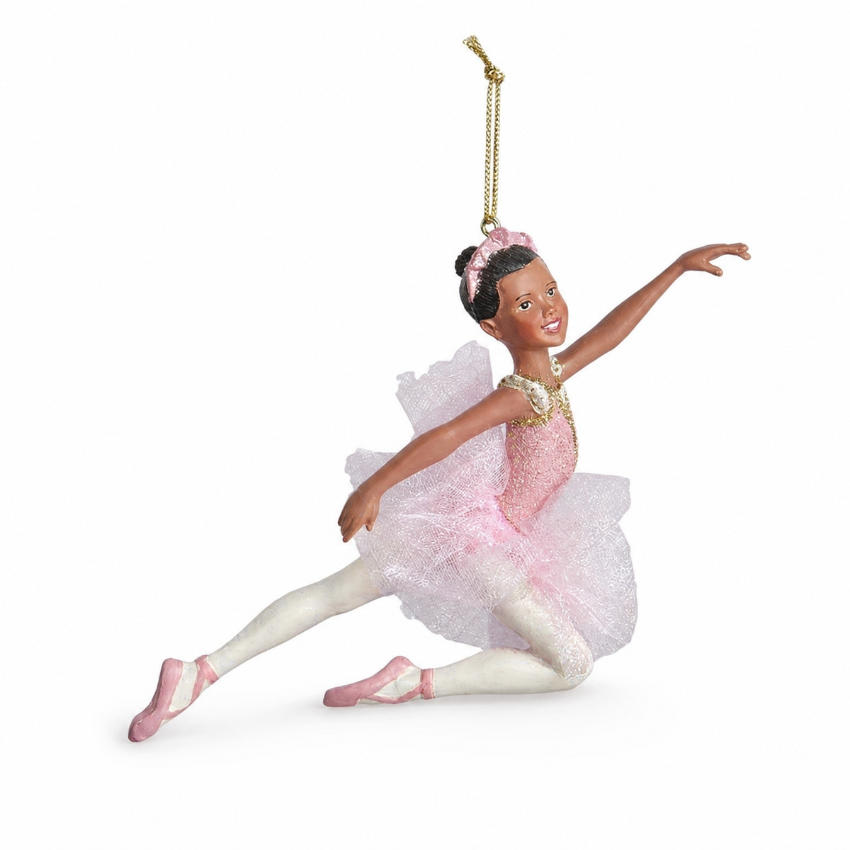 Black Ballerina Tulle Tutu Christmas Ornament, Pink Tutu design: pink tulle and a gold trimmed bodice, one leg reaching forward, a pink bow in her hair