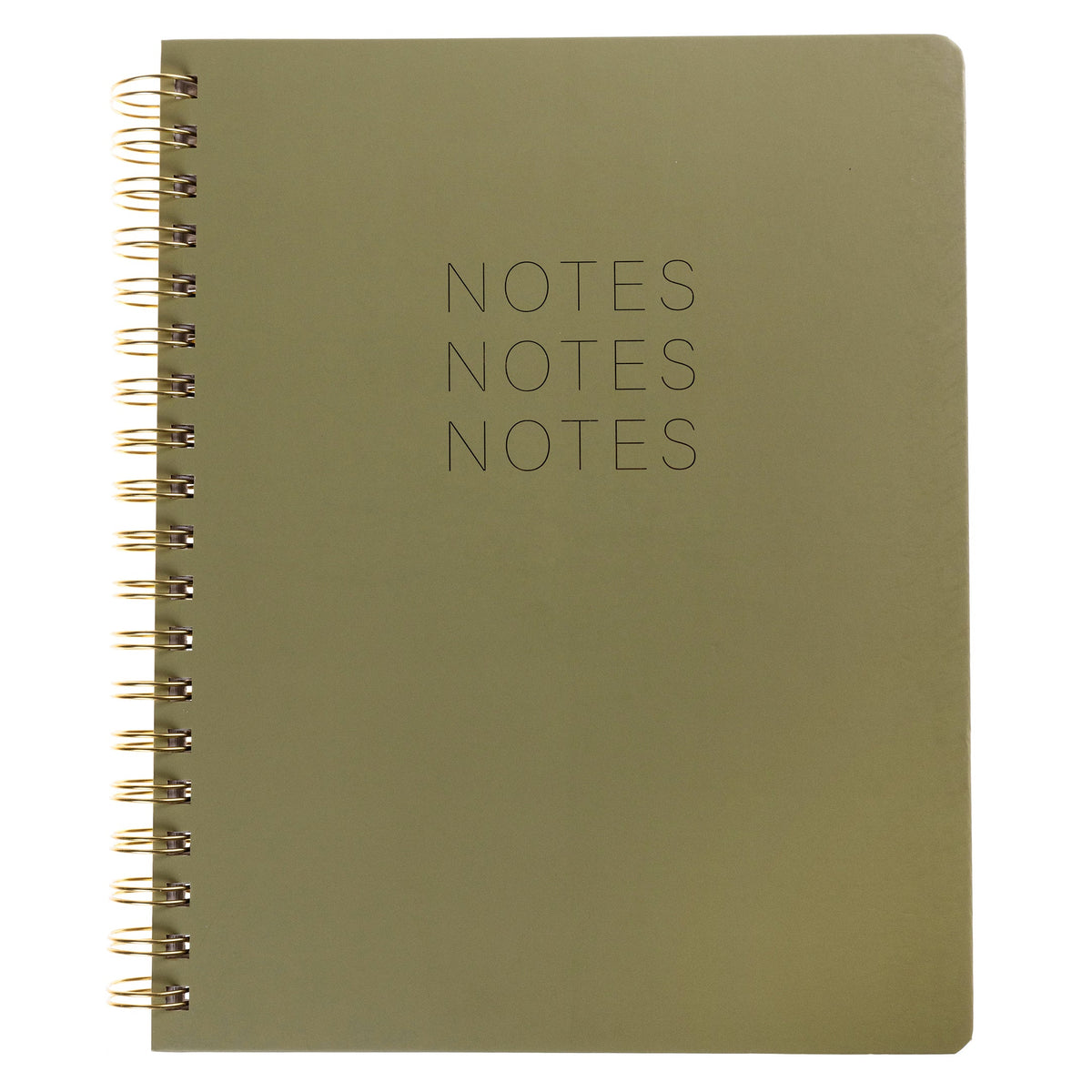 Green Spiral Desk Journal, An olive green spiral bound journal with Notes Notes Notes stamped in gold foil on the cover.