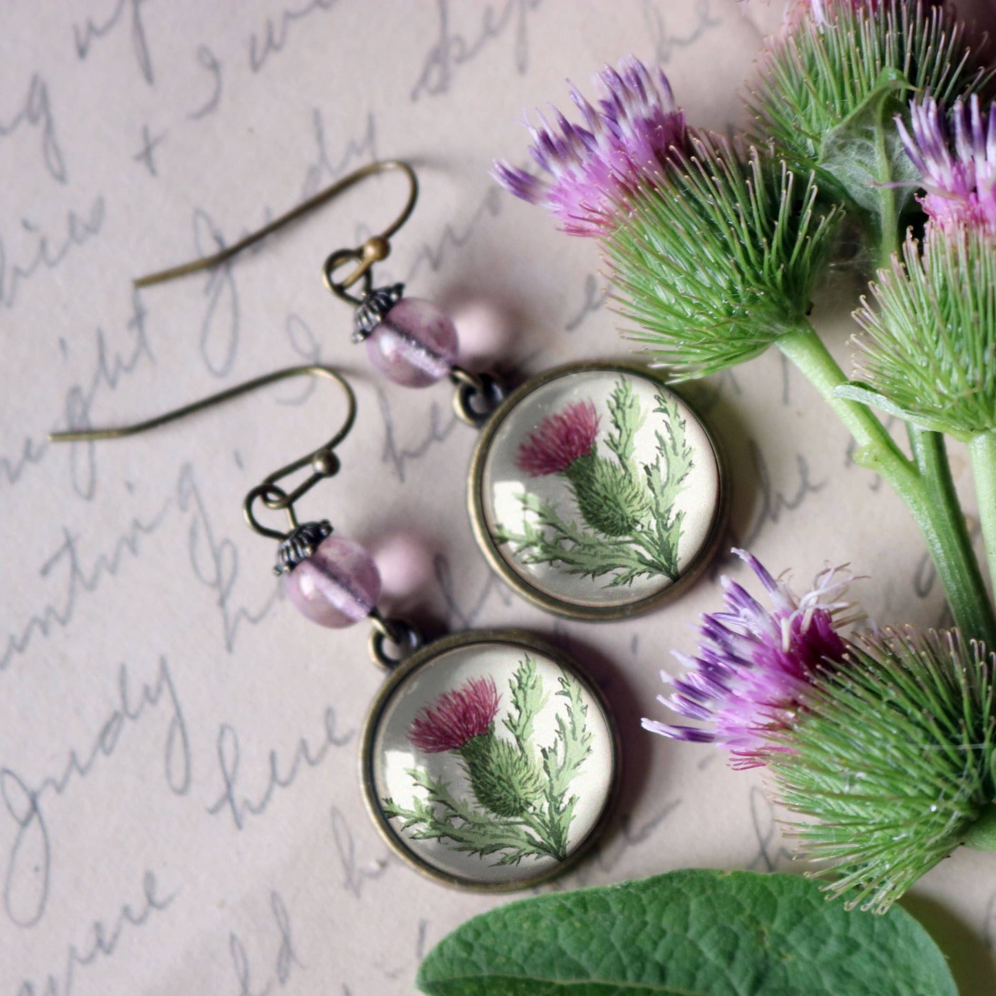 Scottish Thistle Glass Cabochon Earrings