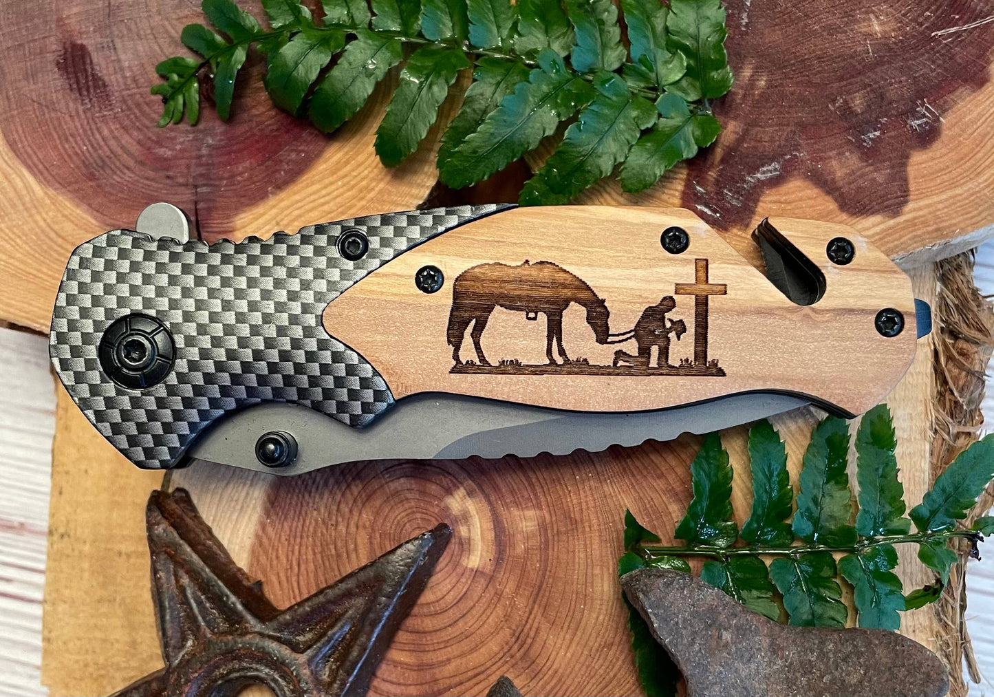 Quail Tail Laser Art - Cowboy Cross Knife