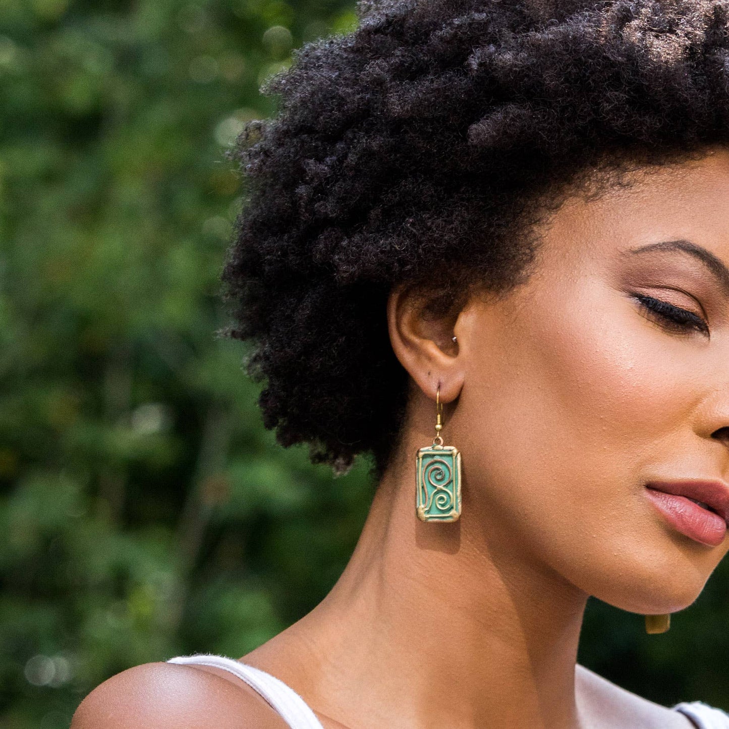 Brass Patina Earrings - Green With Double Spiral