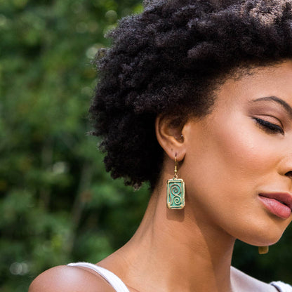 Brass Patina Earrings - Green With Double Spiral