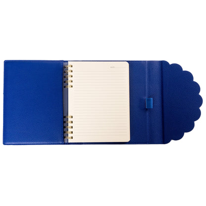 Cobalt Blue Vegan Leather Wrap Journal, A cobalt blue vegan leather wrap journal with a scalloped flap and pebbled texture, shown open with its frosted spiral insert.