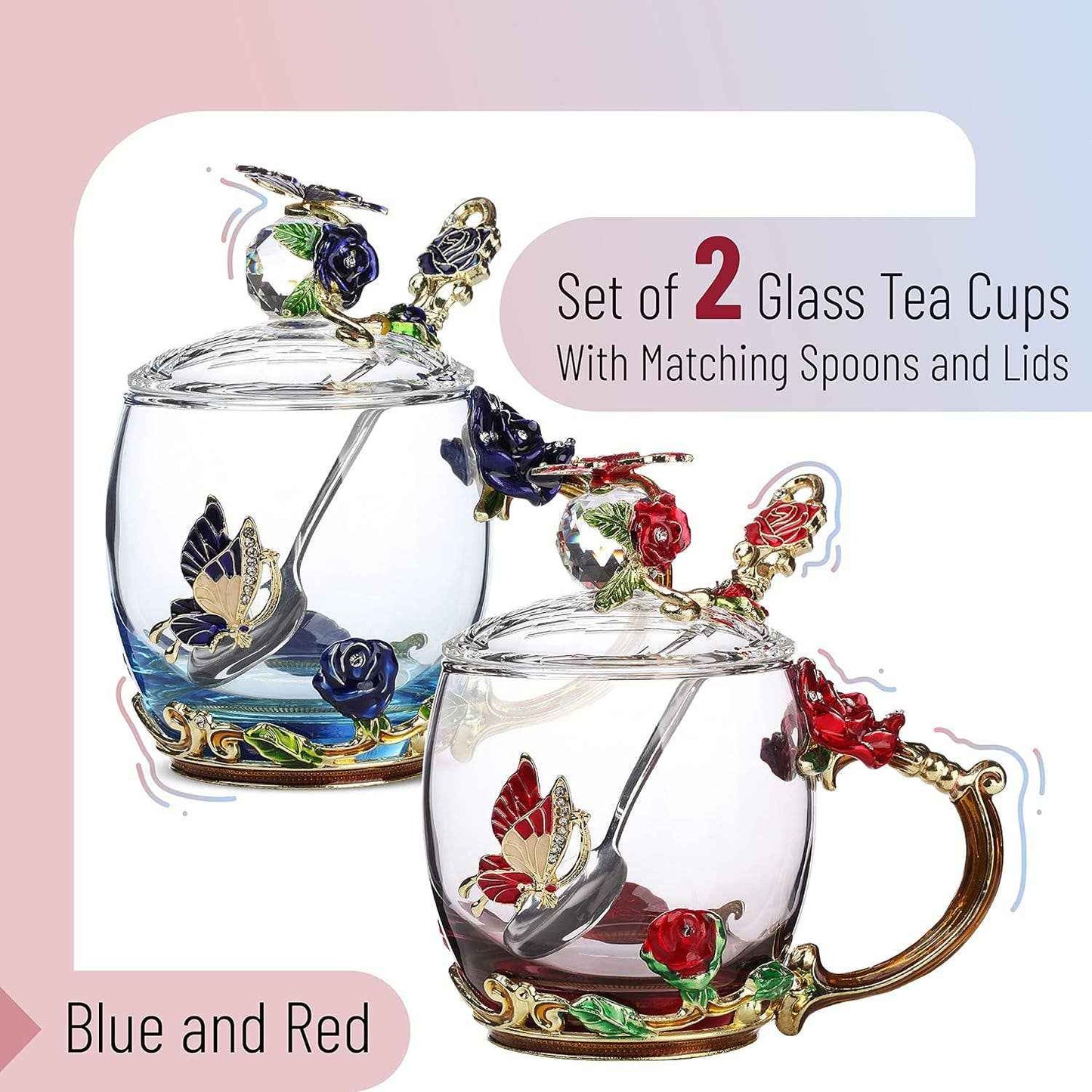 Floral Glass Tea Cups with Lids – Set of 2