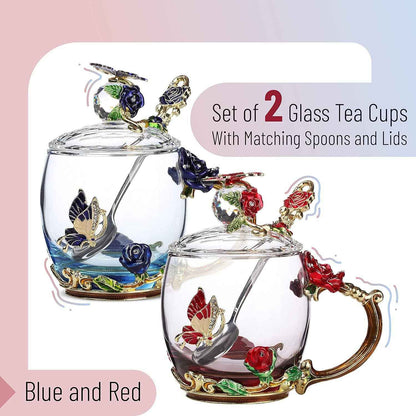 Floral Glass Tea Cups with Lids – Set of 2