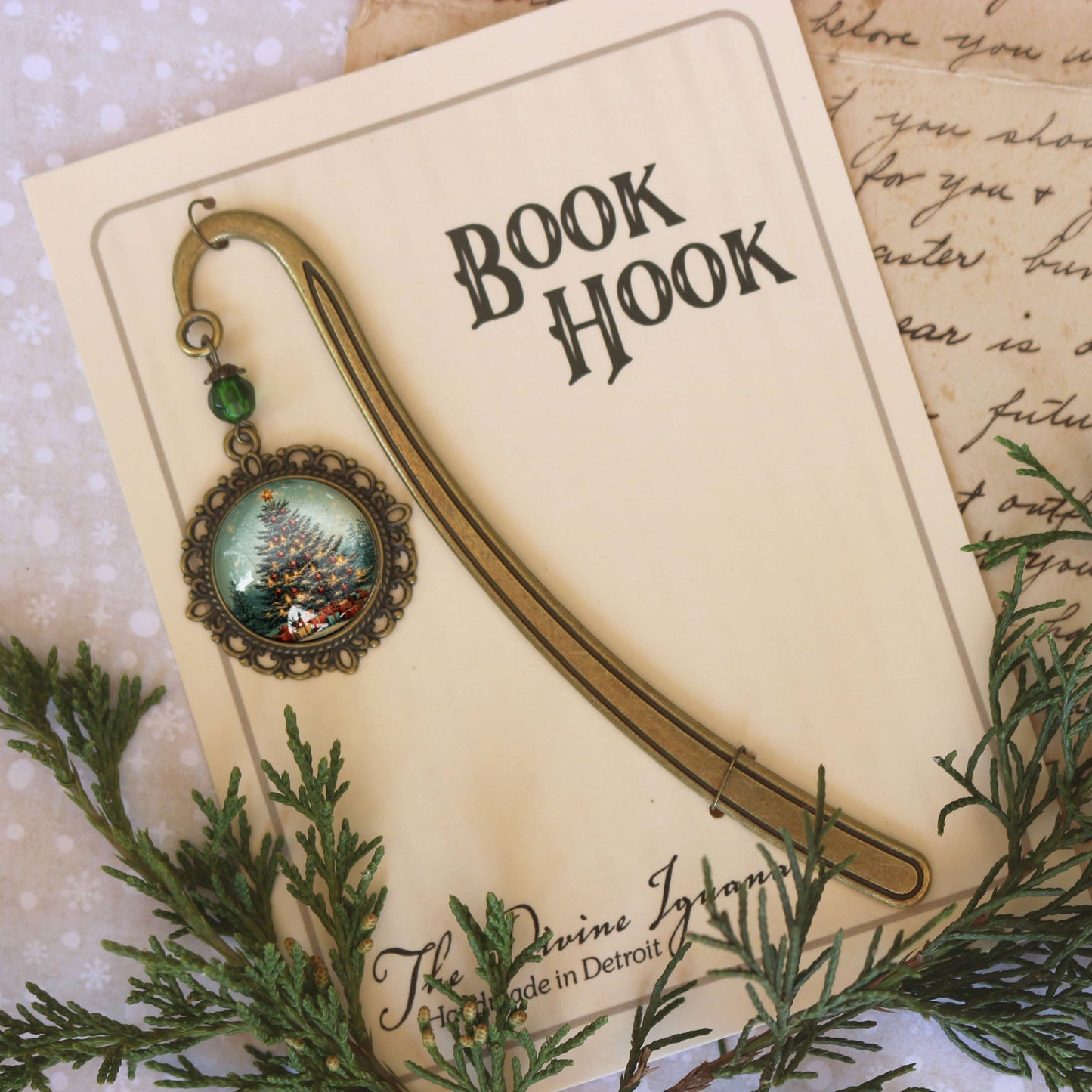 Victorian Christmas Tree Bronze and Glass Bookmark