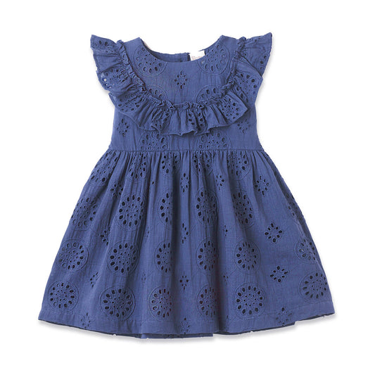 Girls' Eyelet Ruffle Dress Cotton Blue Embroidered