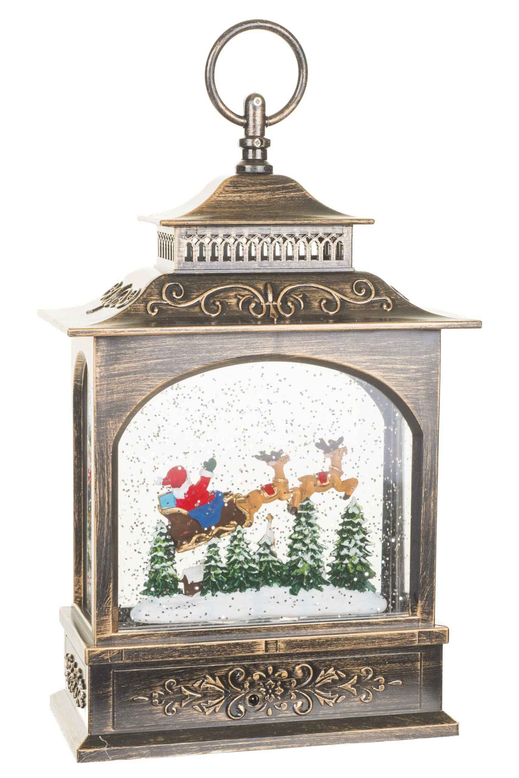 NEW-Antique Brown Lantern Snow Globe with Santa in Sleigh