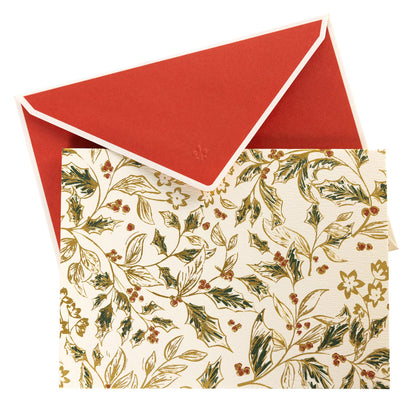 La Petite Noel Toile Holiday Boxed Correspondence Notes, A boxed Christmas correspondence card with a gold and green holly toile pattern on ivory cardstock, shown with its red envelope.