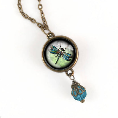 Dragonfly Vintage Inspired Glass Cabochon Necklace w/Bead