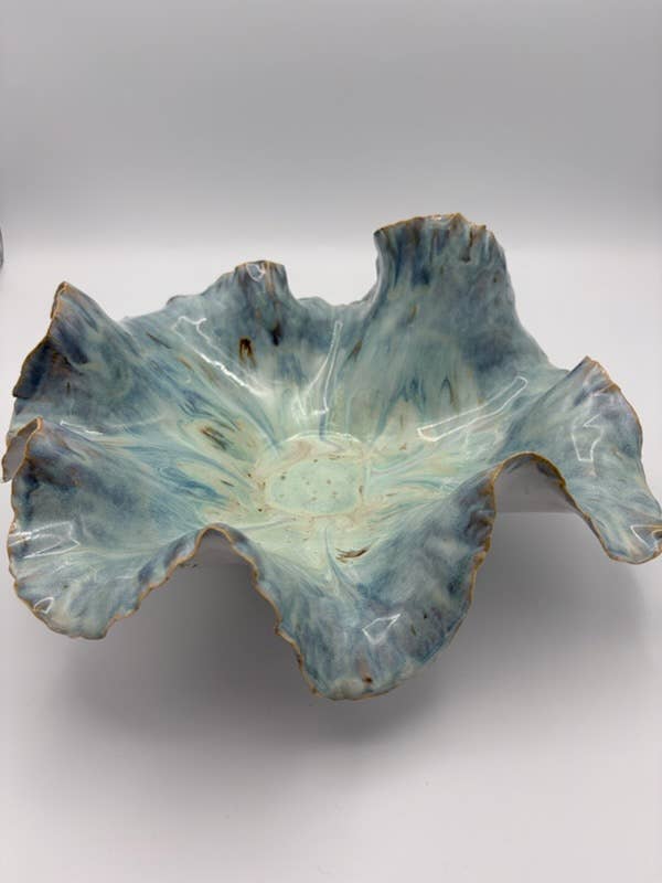 Sculptural Ceramic Ruffled Centerpiece – Oceanic Blue