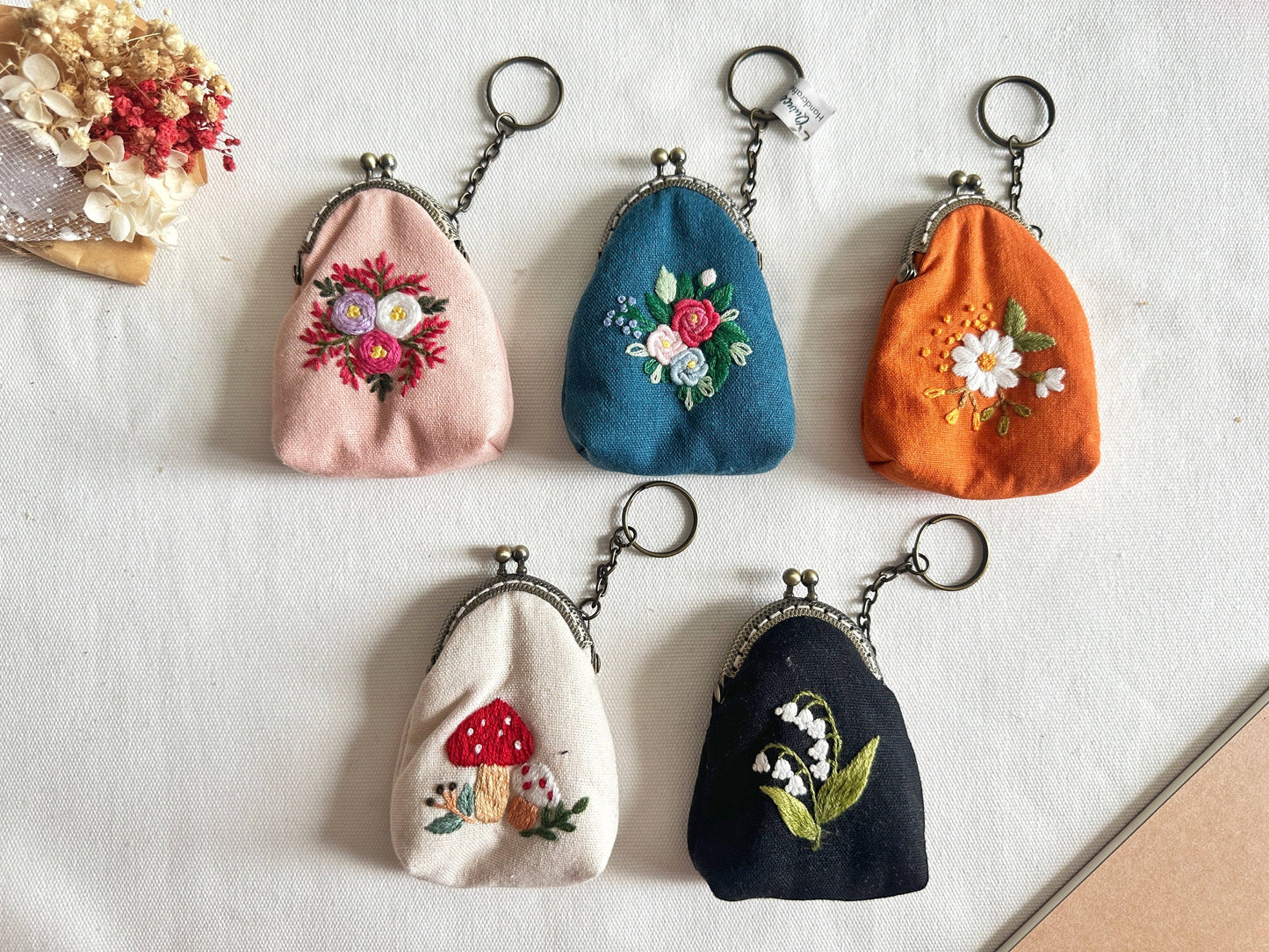 Floral Embroidered Keychain Pouch