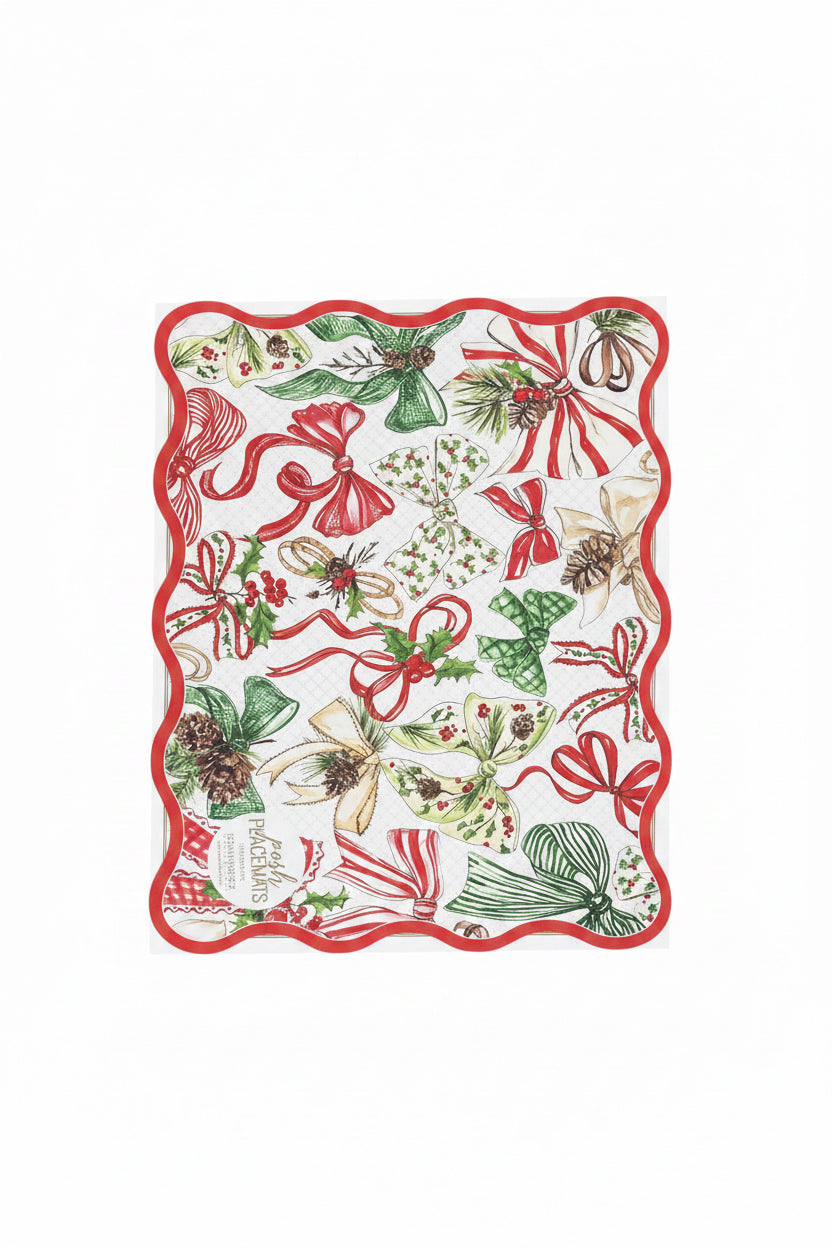 Mantel individual troquelado elegante con lazos navideños rojos y verdes pintados a mano (borde ondulado)