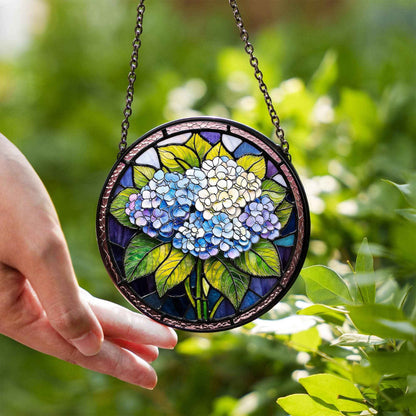 Blue Hydrangea Stained Glass Suncatcher, Plant Garden Gift