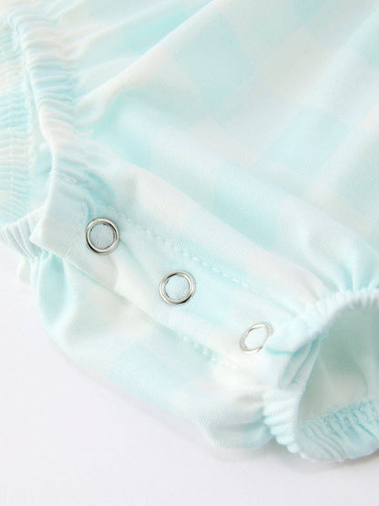 Plaid Bow Girls Romper Smocked Petals Collar Puff Sleeve