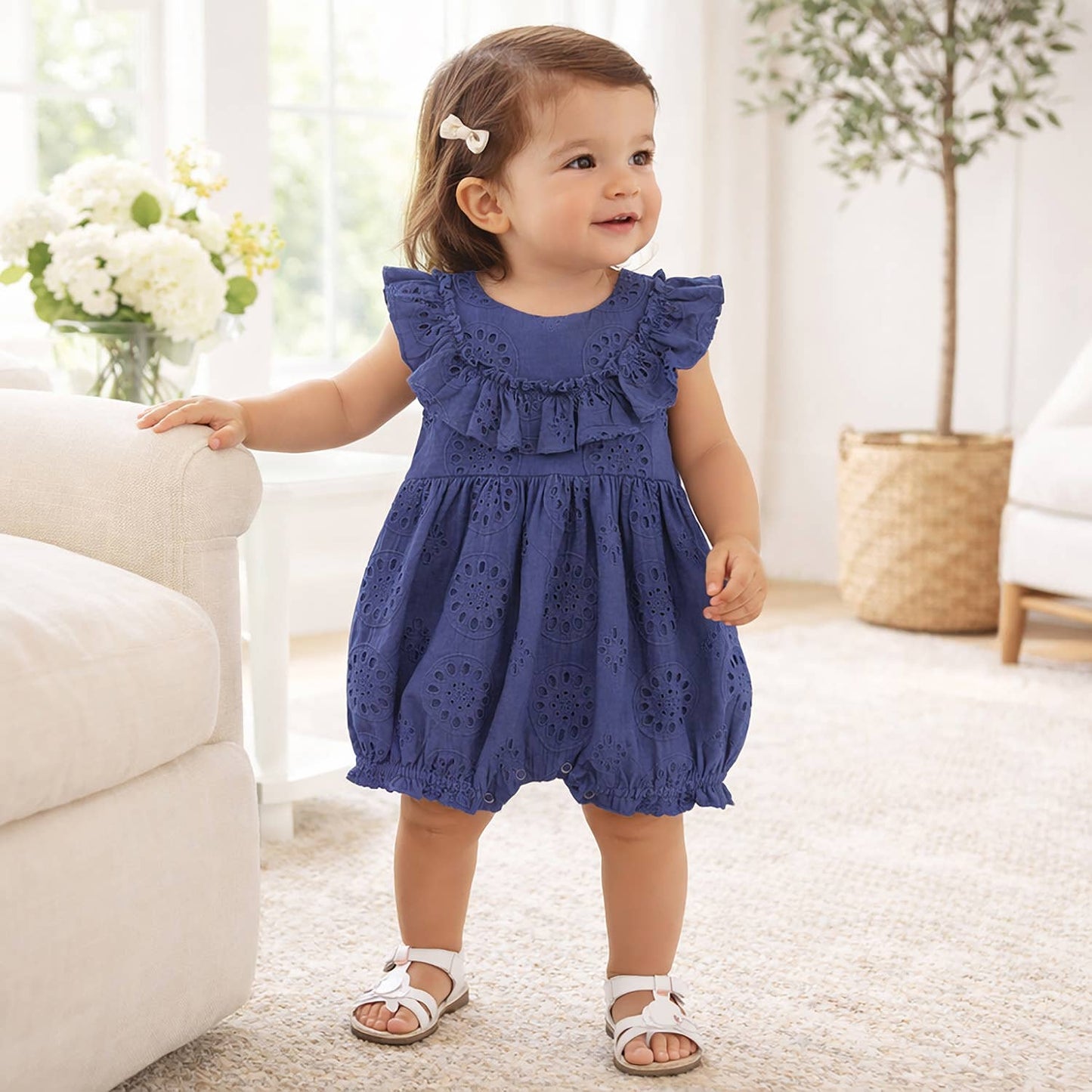 Baby Eyelet Romper Blue Cotton Ruffle One-Piece