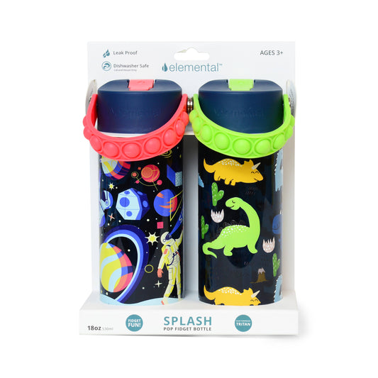 Fidget Handle Kids Tritan Bottle 2Pk 18oz Space/Dino Navy