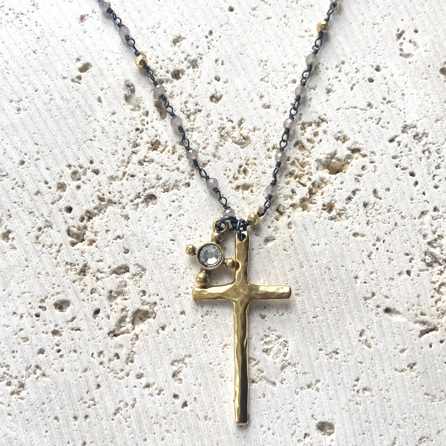 Cross charm necklace pyrite semi precious jewelry