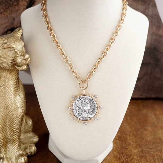 Radiant Relic – Coin Medallion Necklace with Crystal Halo