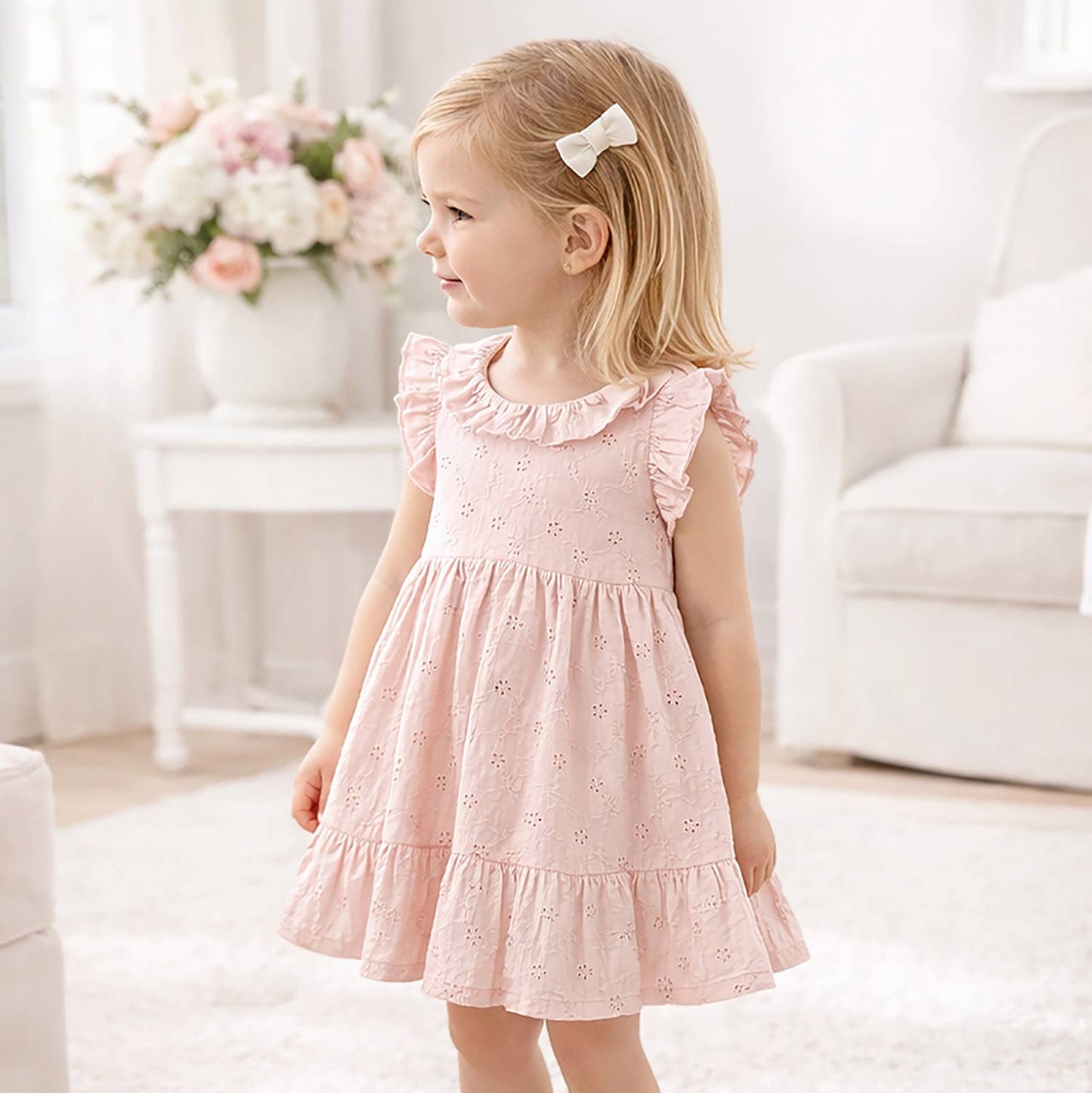 Eyelet Girl's Cotton Dress for Special Occasions - Pink: 18-24M