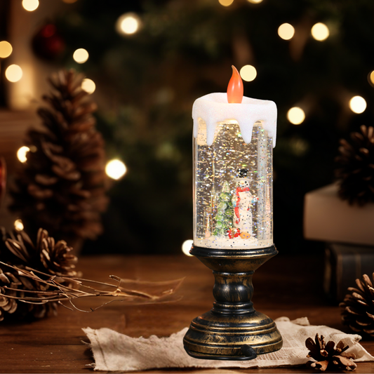 Christmas Musical Snow Globe Candlestick Lantern with Snowman Scene for Christmas Decoration