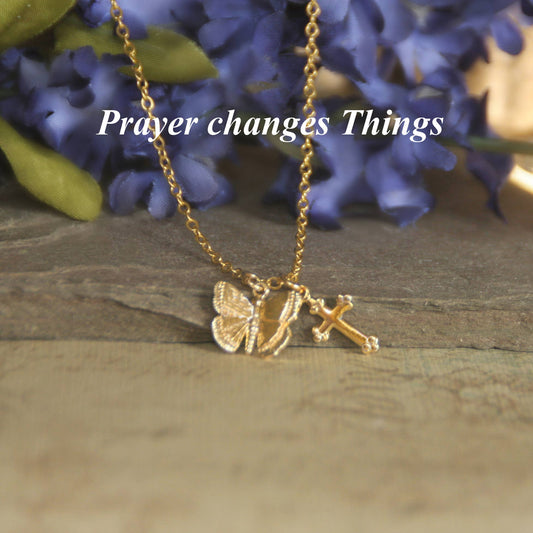 Butterfly Cross Prayer changes Things Necklace