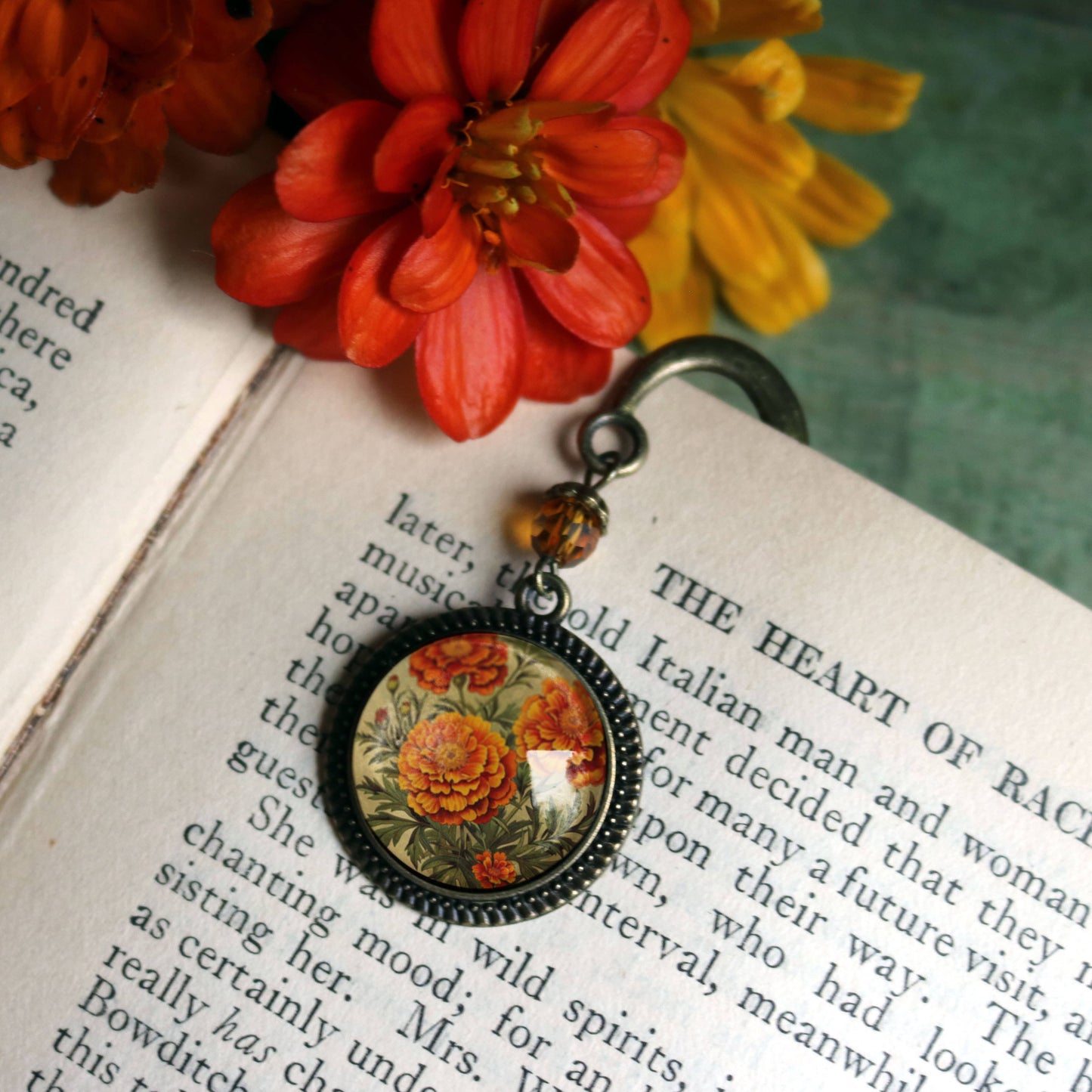 Marigold Flowers Bronze and Glass Cabochon Bookmark