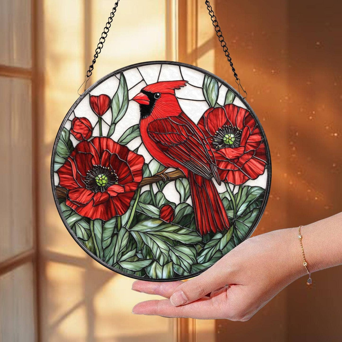 Cardinal and Red Poppy Suncatcher, Floral Ornament