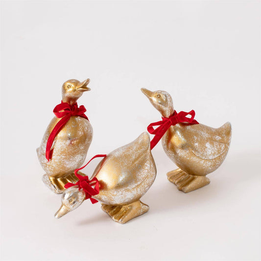 Gold Christmas Ducks With Red Bows  Set of 3 Assorted