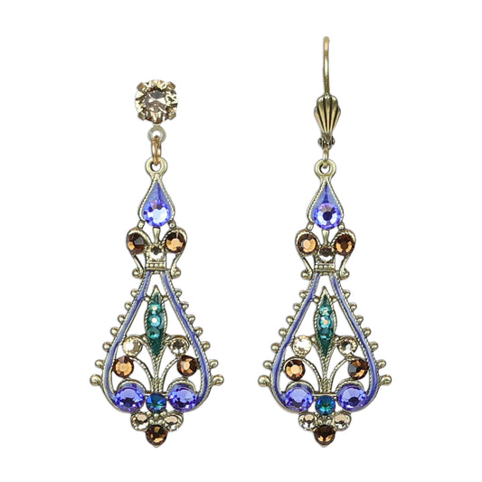 Filigree Green Purple and Brown Open Spade Crystal Earrings