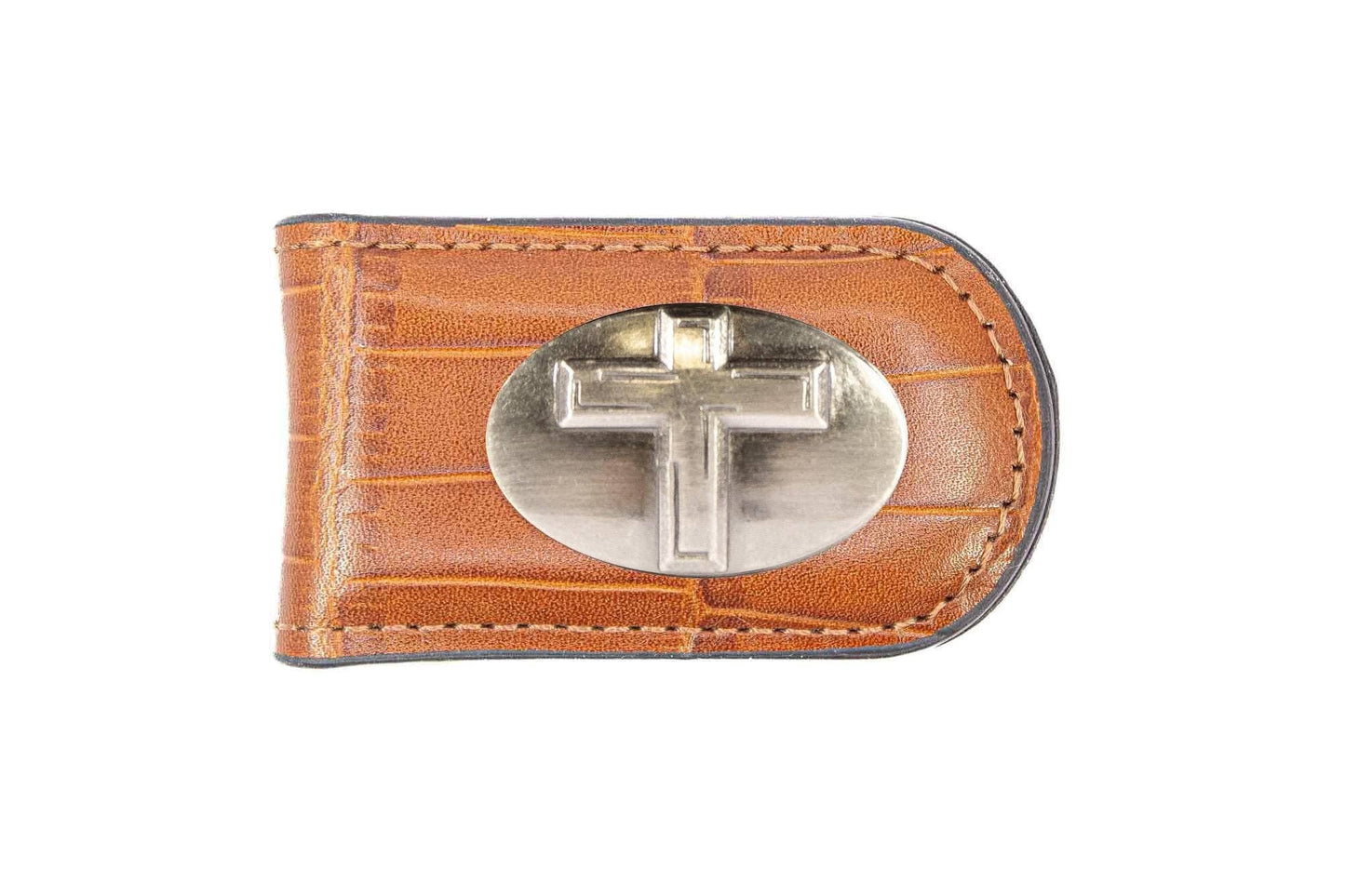 Christian Cross Leather Magnetic Money Clip Wallet: Croc Tan