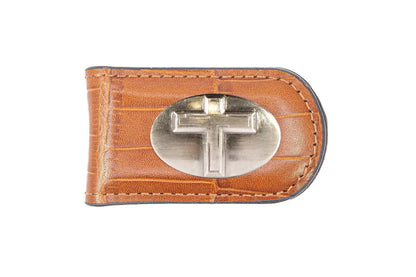 Christian Cross Leather Magnetic Money Clip Wallet: Croc Tan