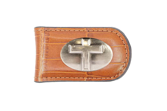 Christian Cross Leather Magnetic Money Clip Wallet: Croc Tan