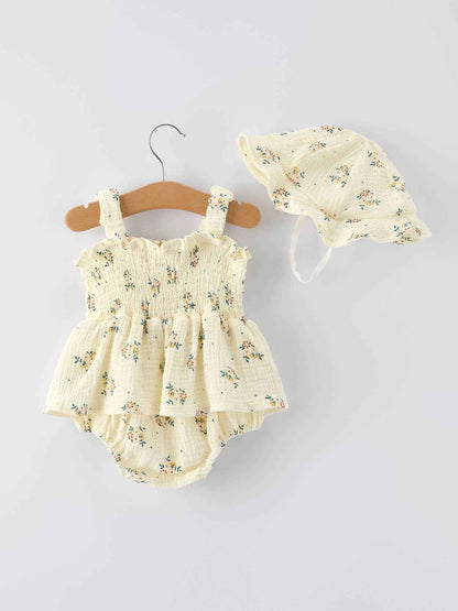 Spring Floral Smocked Ruffle Romper and Hat Set: 18M