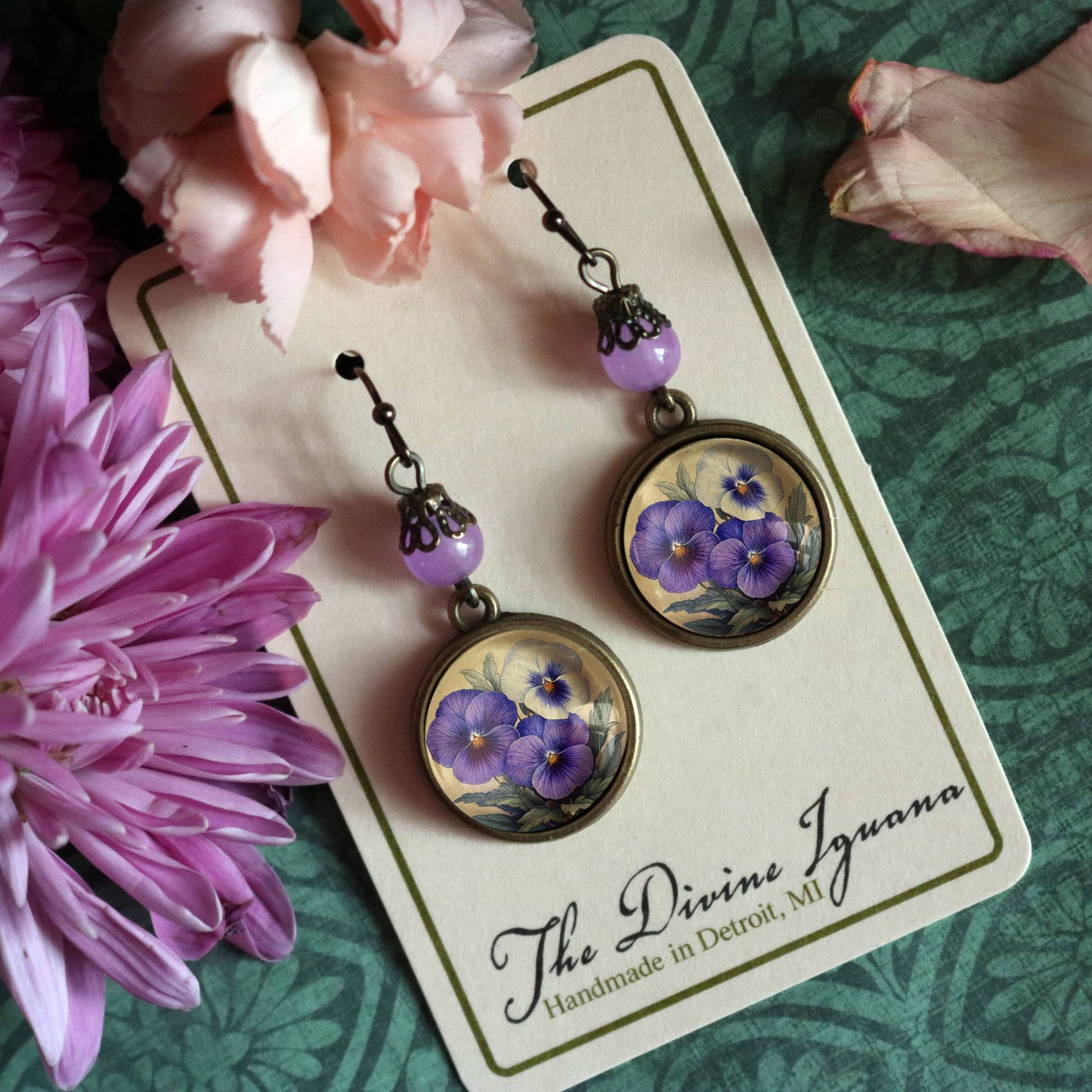 Purple Pansies Spring Floral Bronze and Glass Earrings