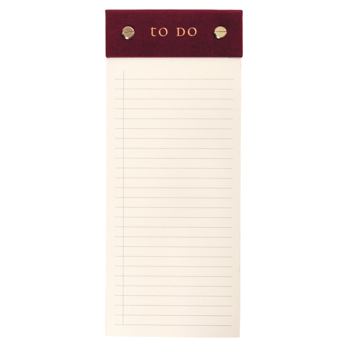 Burgundy Fabric-Bound Desktop Notepad, A burgundy fabric desktop notepad with to Do lettered in gold foil and two gold posts at the top.