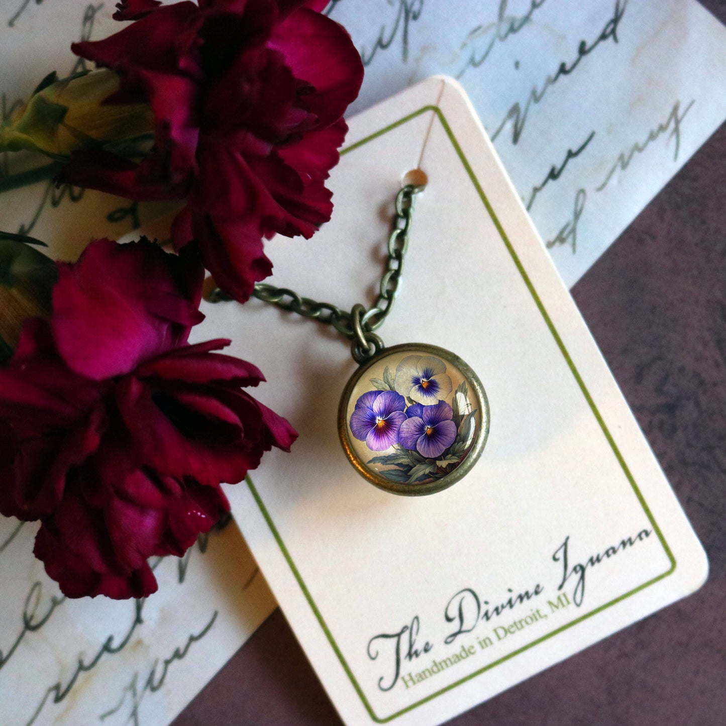 Purple Pansies Spring Floral Reversible Pendant Necklace