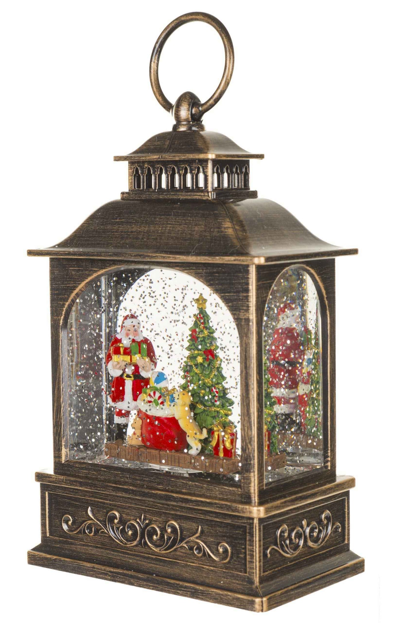 NEW- Brown Lantern Snow Globe with Santa's little helper
