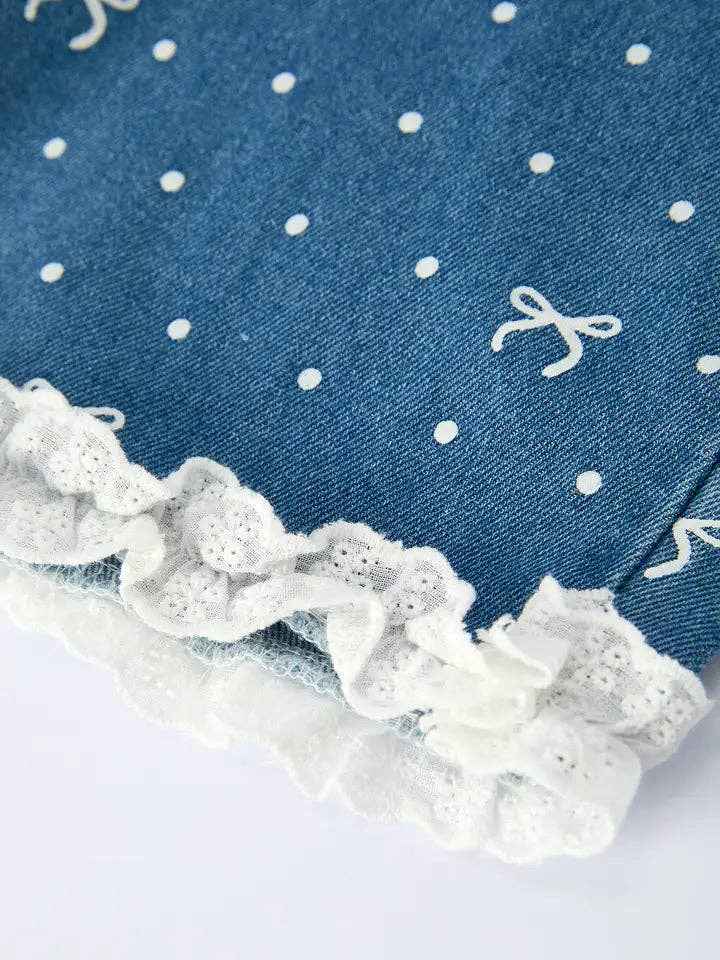 Spring Bow Dot Denim Ruffle Top and Pants Set 3/4 Pants: Blue / 8/9Y
