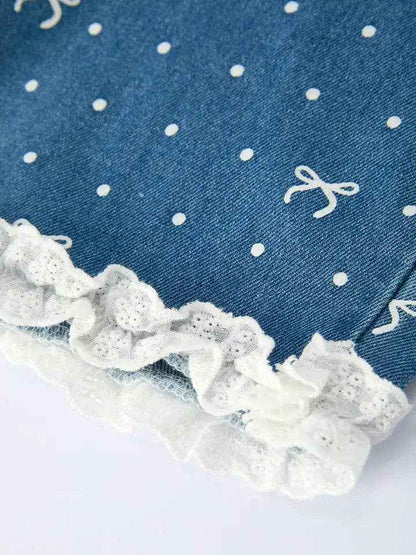 Spring Bow Dot Denim Ruffle Top and Pants Set 3/4 Pants: Blue / 8/9Y