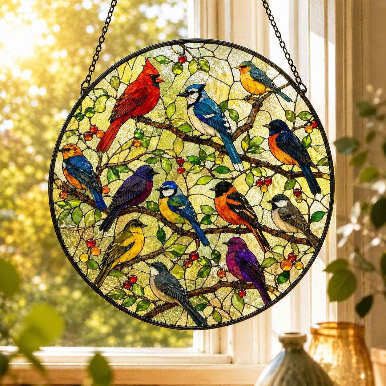 Bird Stained Glass Suncatcher, Colorful Songbird Hanging