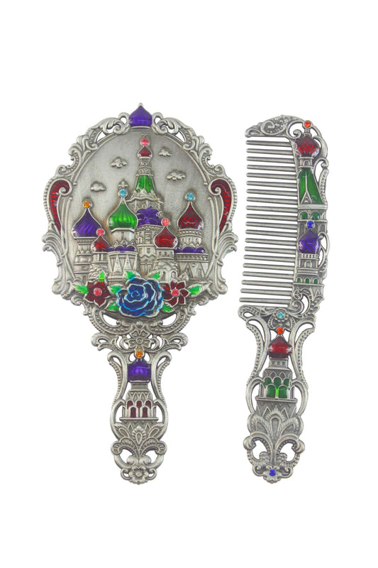 Vintage Small Size Castle Metal Mirror Set: Silver