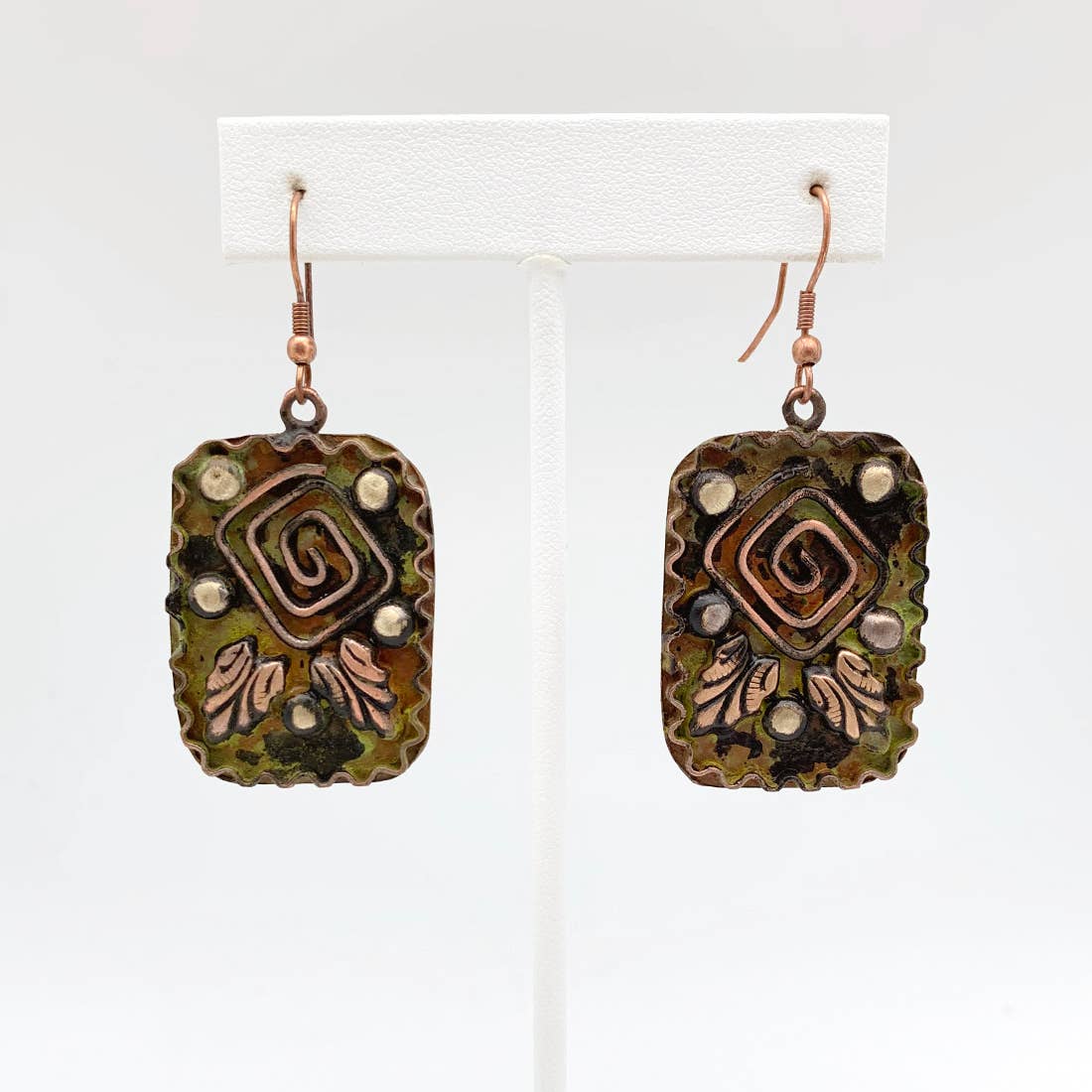 Copper Patina Earrings - Square Spiral in Green Rectangles