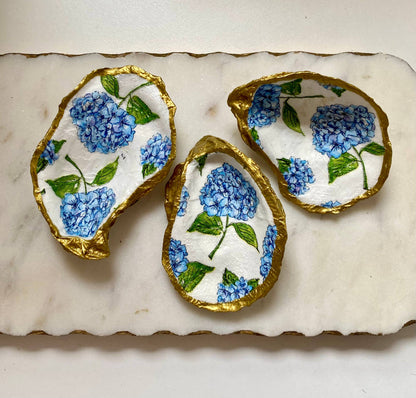 Blue Hydrangea Oyster Shell Jewelry Dish