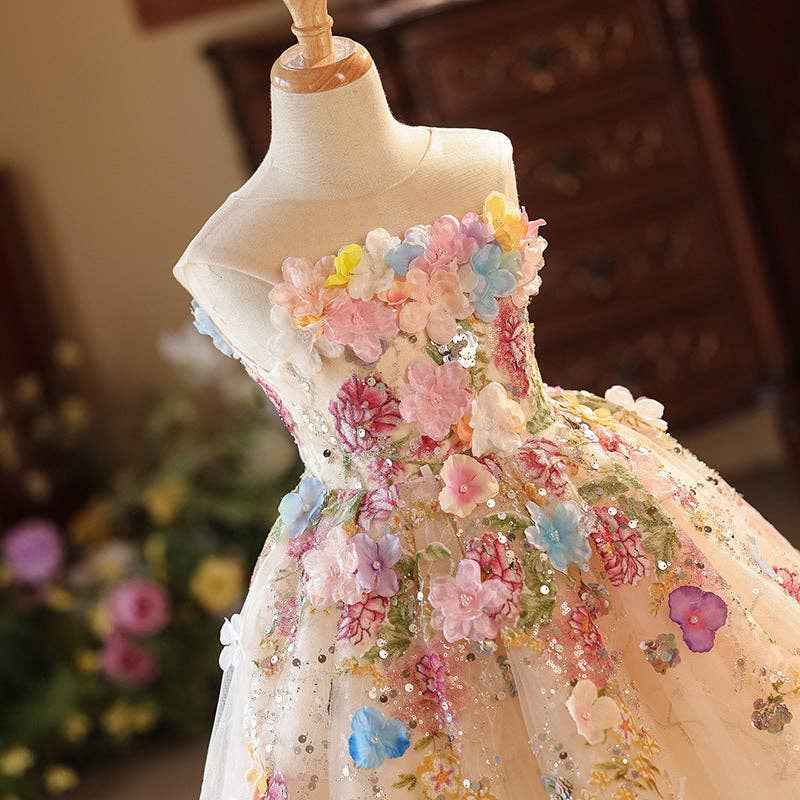 Girls Floral Tulle Princess Dress with Illusion Neckline: Multicolor / Printed / 5-6 Years (130cm)