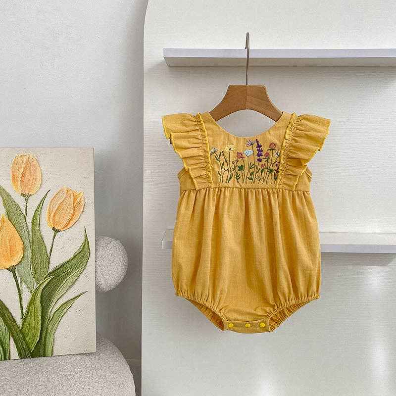 Baby cotton floral embroidery bodysuit romper: Yellow / 0-3M