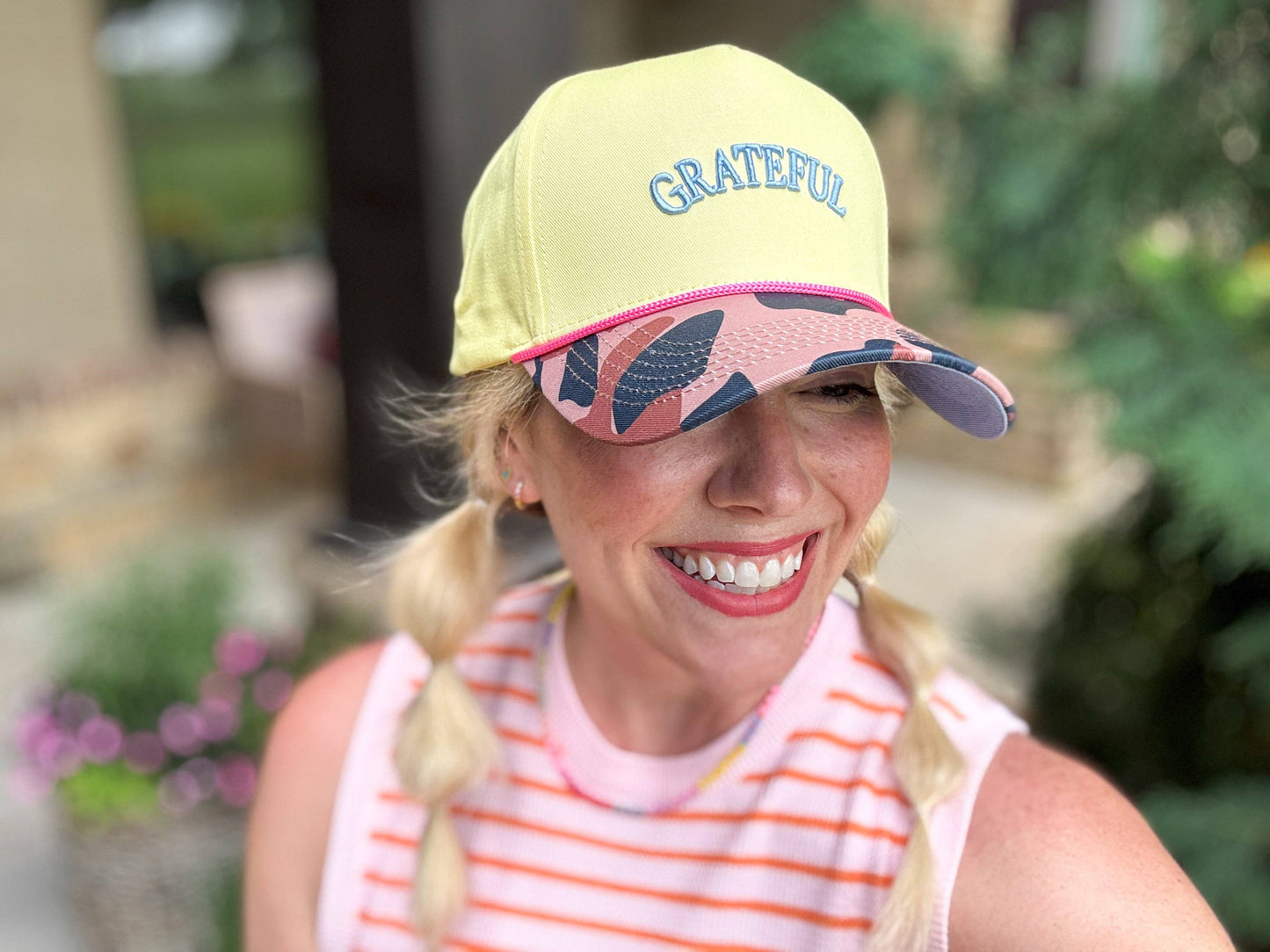 Taylor Elliott Designs - Embroidered Baseball Cap - "Grateful" - Yellow + Camouflage