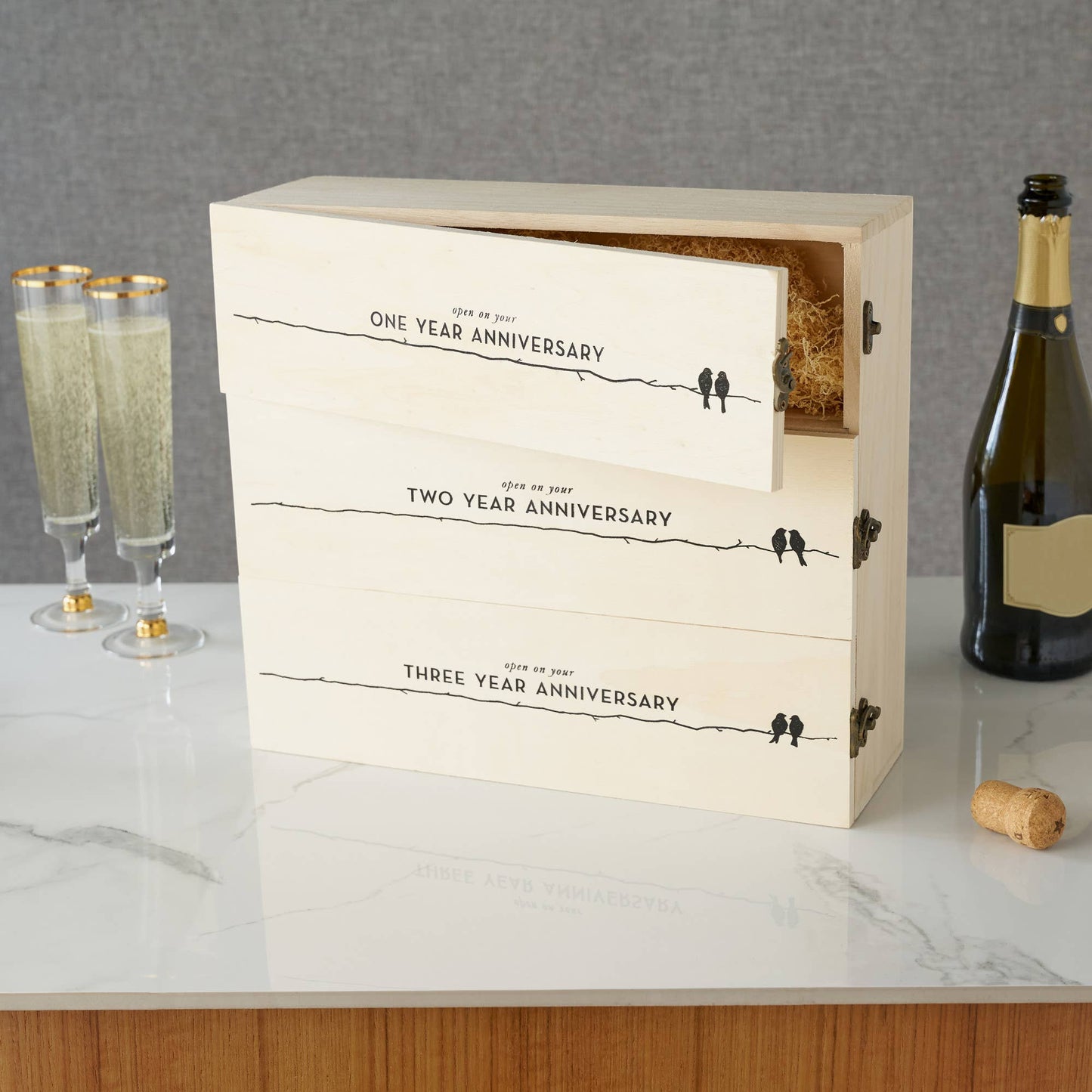Newlyweds Anniversary Pine Wood Wine Bottle Gift Box