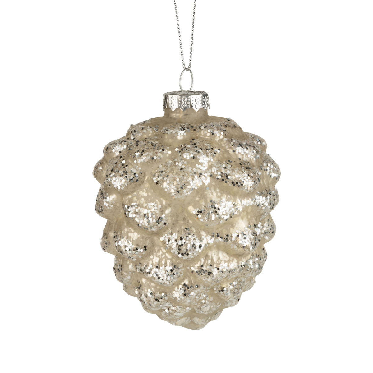 Glass pinecone ornament, antique matte silver, glitter 3.5 in