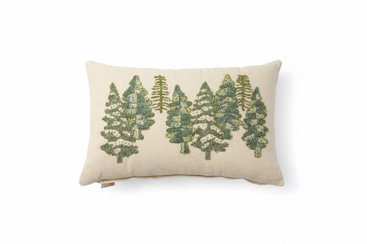 Cream Cotton Linen Lumbar Beaded Christmas Tree Pillow-14"